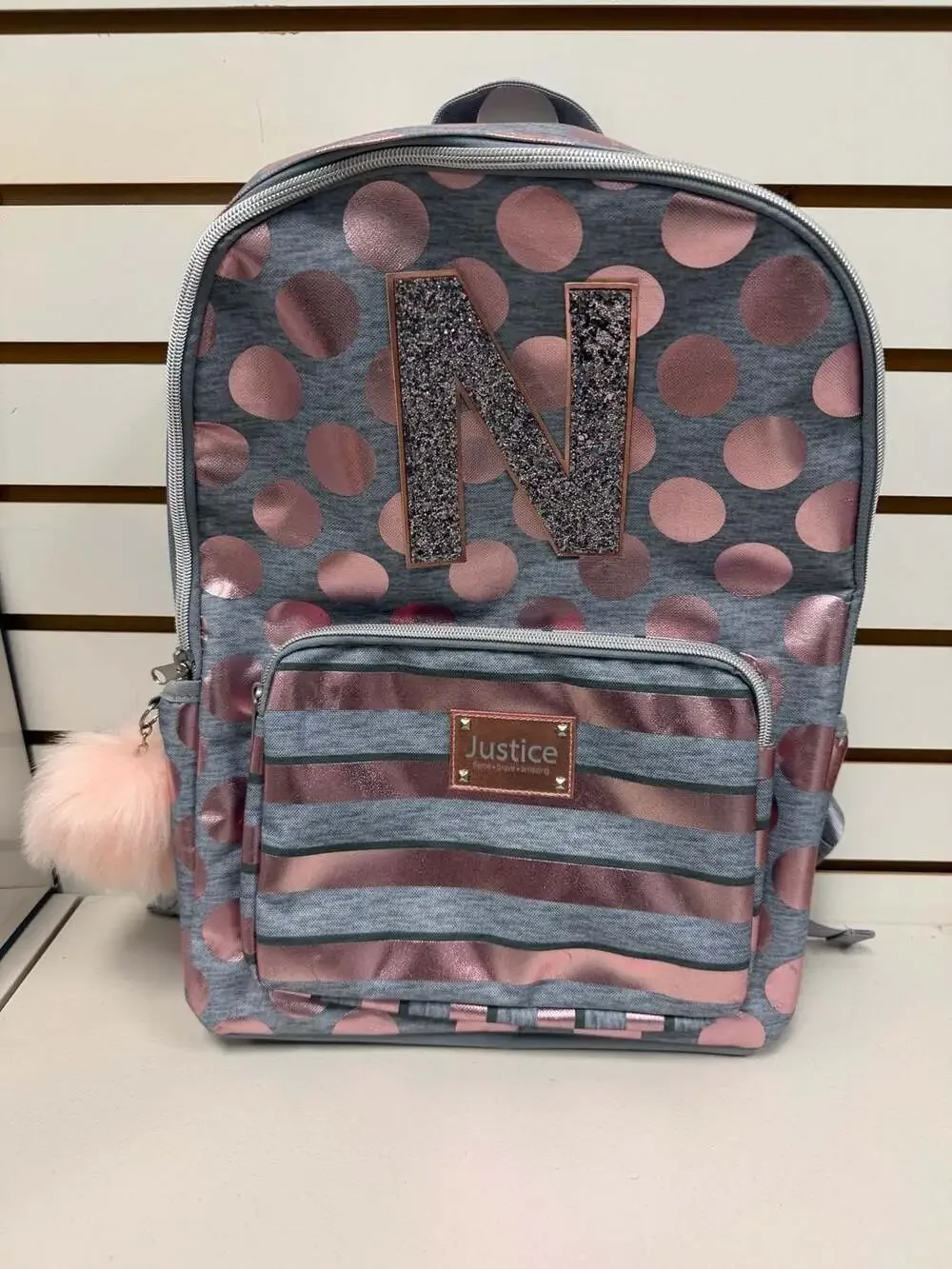 Justice Girls Rose Gold Foil Polka Dot Initial 'N' Backpack &  Lunch Tote Set NW